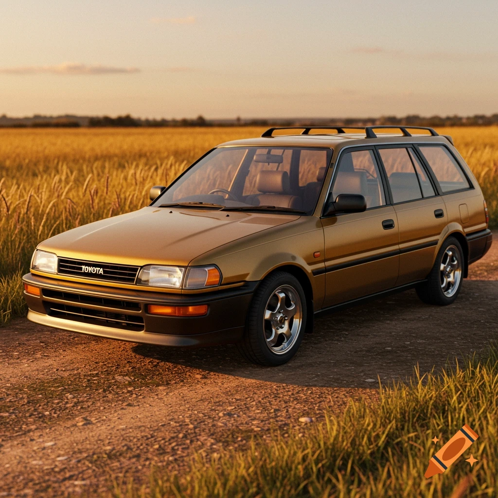 A golden Toyota Corolla wagon with a roof rack parked on a dirt road next to a field of tall grass at sunset, photorealistic.