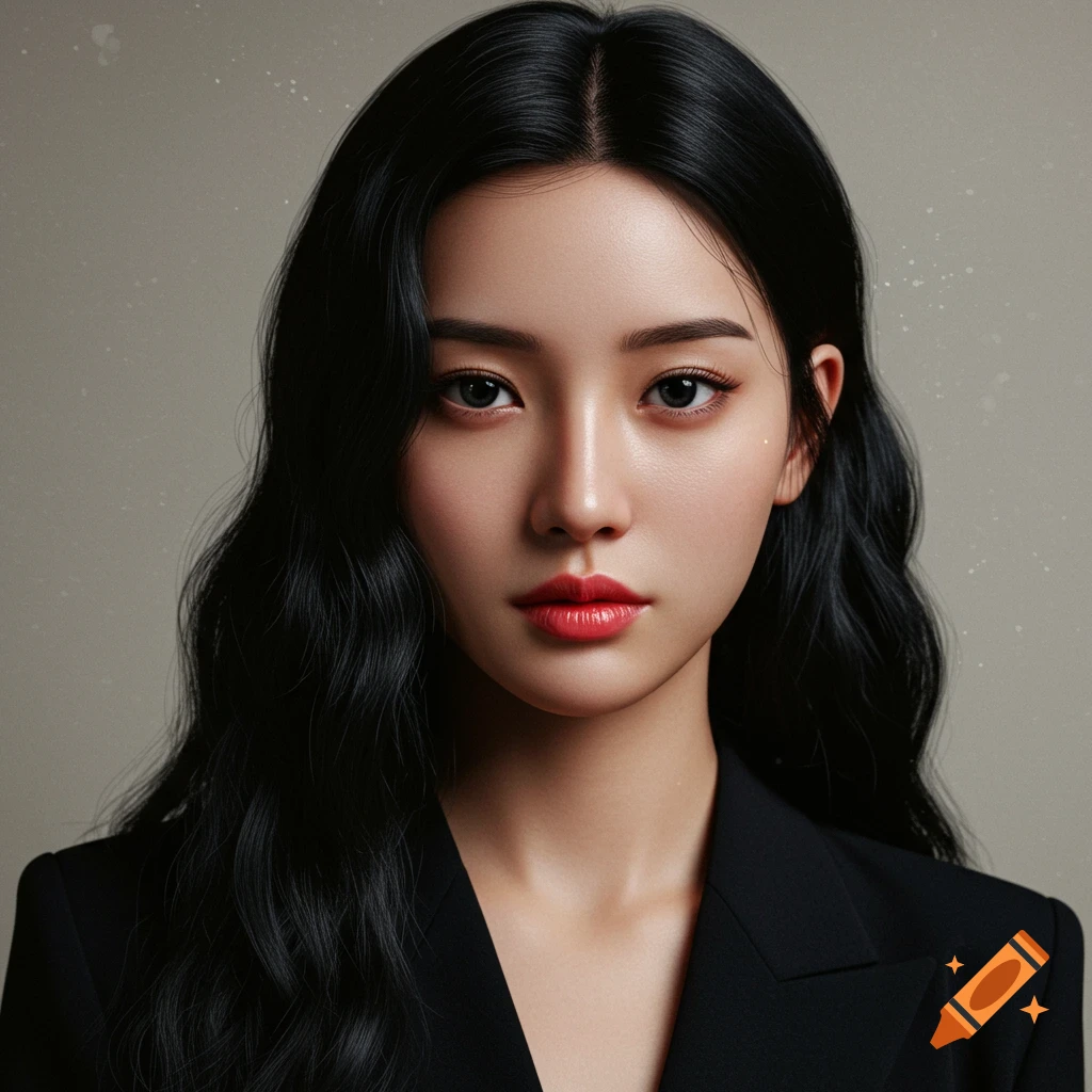 Photorealistic portrait of a woman with long black hair, red lips, and a black blazer, looking directly at the viewer.