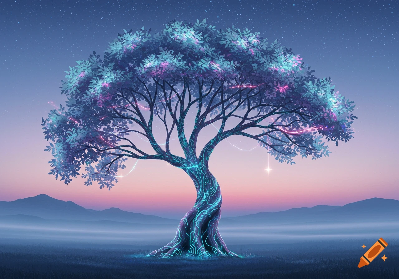 A stylized tree with glowing blue and pink circuit patterns on its trunk and leaves, under a starry sunset sky with mountains.