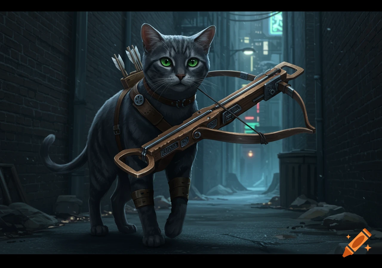 A grey tabby cat with green eyes wears a crossbow and quiver, walking down a dark urban alley at night, photorealistic.