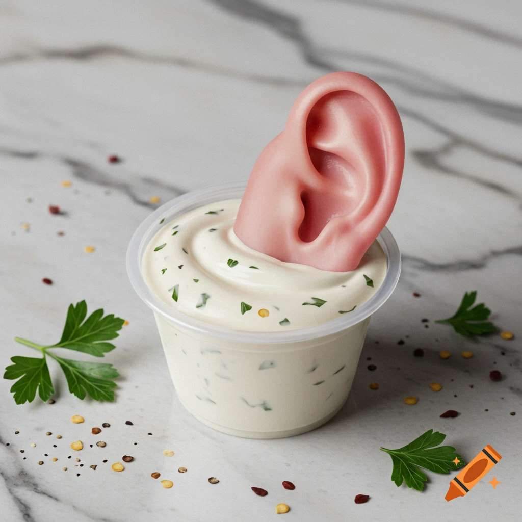 A realistic human ear is dipped into a cup of ranch dressing on a marble counter, garnished with herbs and spices.