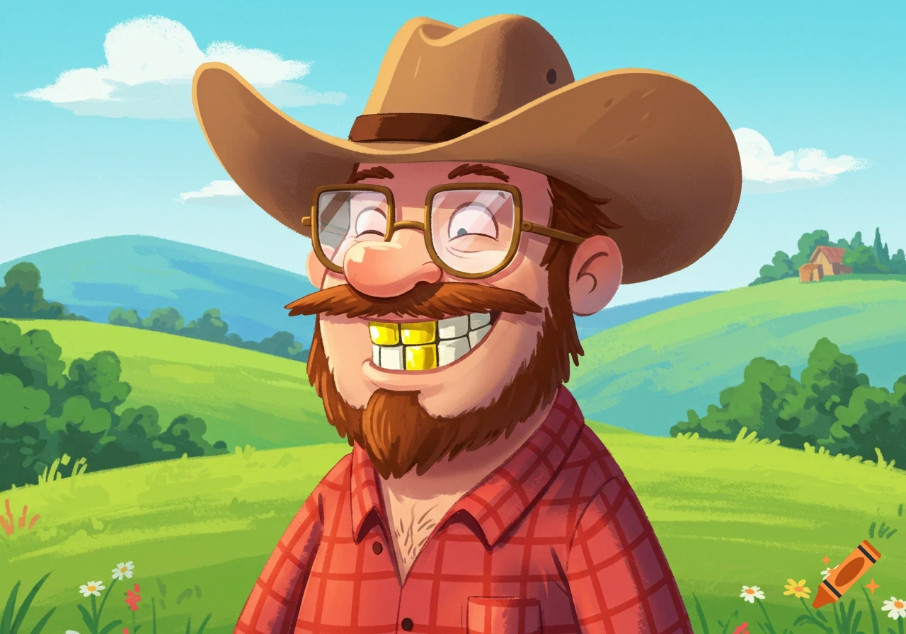A grinning cartoon hillbilly with a beard, cowboy hat, glasses, gold teeth, and an unbuttoned red plaid shirt in a green, hilly field.