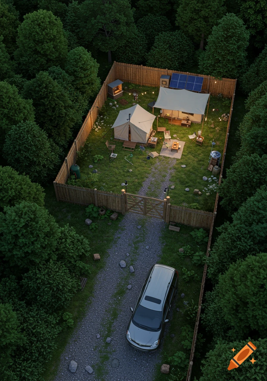 Aerial view of a private, fenced glamping site in a forest, with a gravel drive, car, tents, solar panels, and outdoor living space.