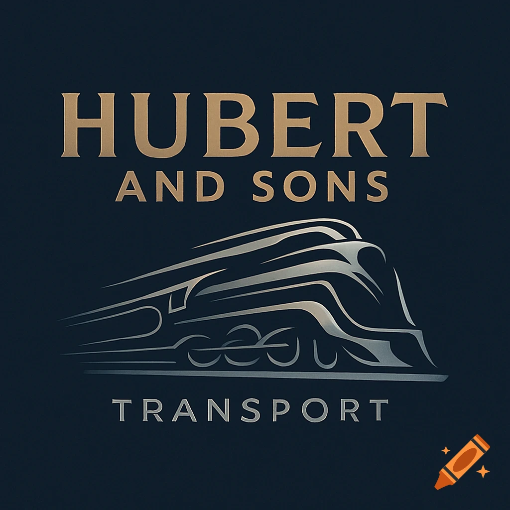 Logo for 'Hubert and Sons Transport' featuring a stylized silver train on a dark blue background.