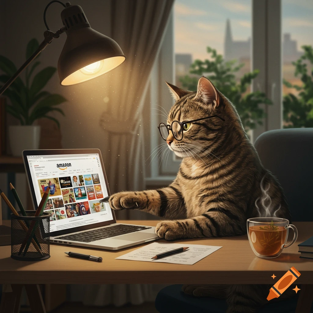 A tabby cat in glasses sits at a desk, looking at a laptop with the Amazon website, next to a steaming cup of tea.