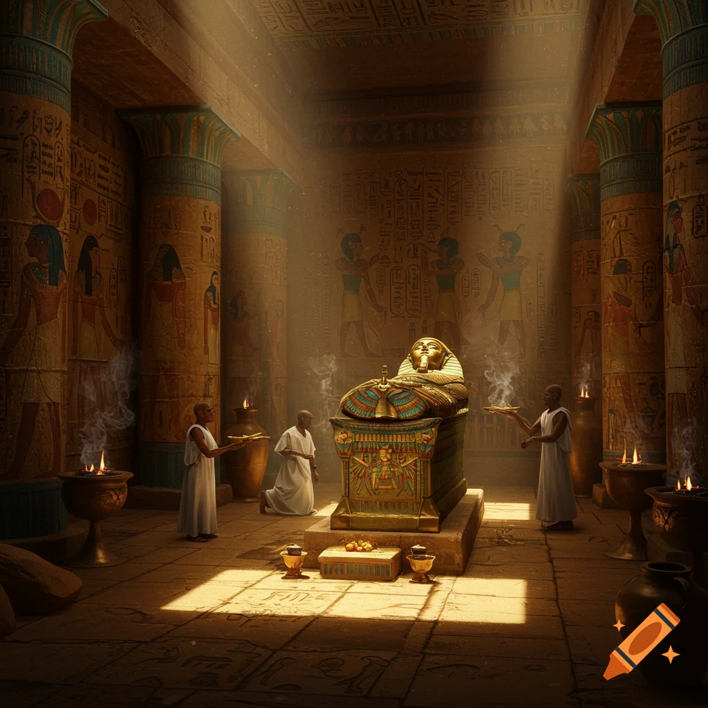 A dramatic, photorealistic scene of an ancient Egyptian tomb with a golden sarcophagus, three robed figures performing a ritual, and light streaming from above. Hieroglyphs adorn the walls and columns.