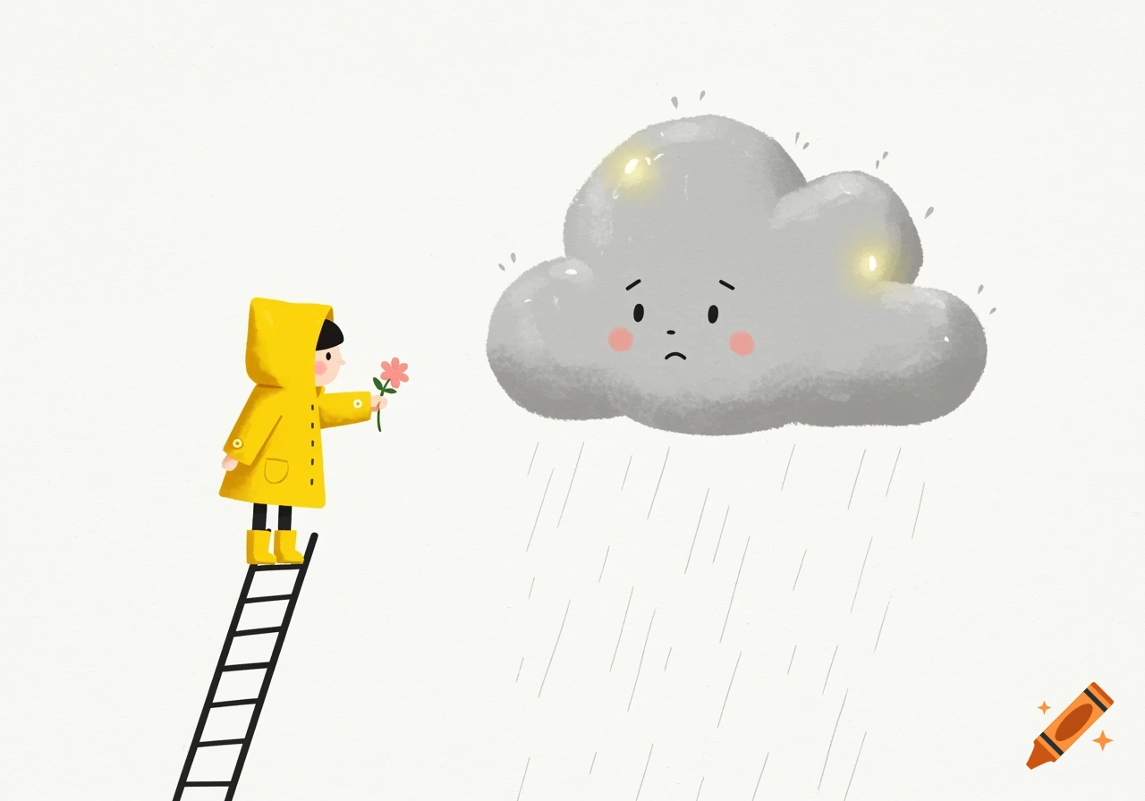 A whimsical digital illustration shows a figure in a yellow raincoat on a ladder, offering a flower to a sad gray raincloud.