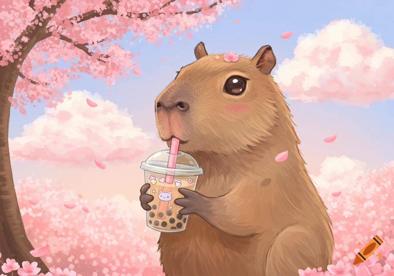 A cute capybara drinking boba tea amidst pink cherry blossoms and clouds in a kawaii illustration style.