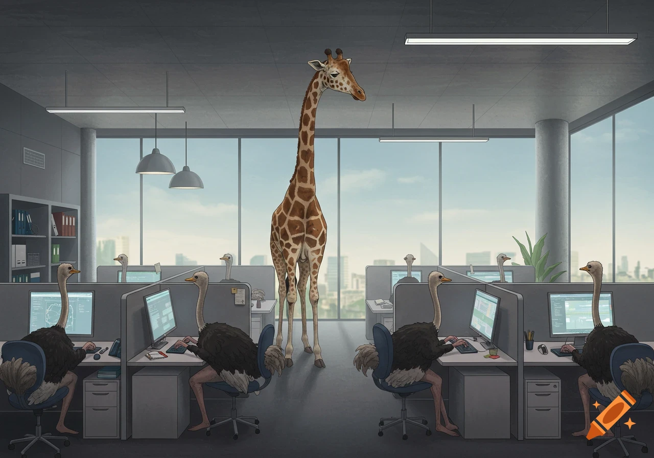 A large giraffe stands isolated in a modern office, surrounded by many ostriches working at computer desks.