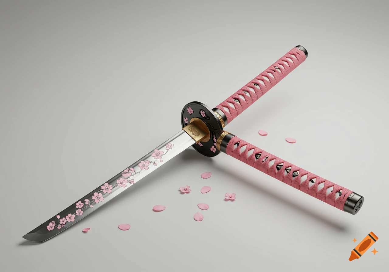 A pink-handled katana with cherry blossom engravings on its blade, resting on a white surface with scattered pink petals.