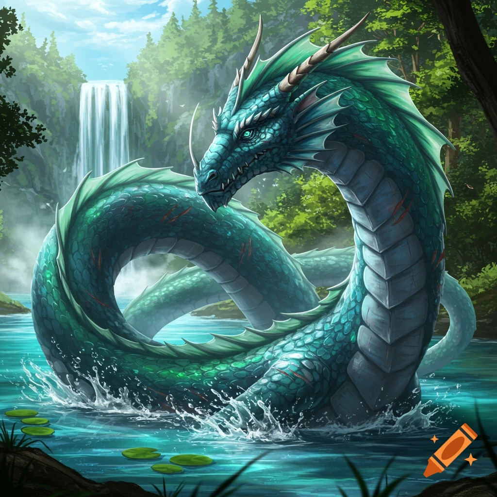 A majestic green and blue water dragon with scars emerges from a river, with a waterfall and lush forest behind it.