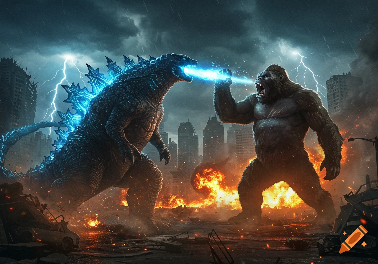 Godzilla and King Kong battle in a destroyed city under a stormy sky with lightning and explosions.