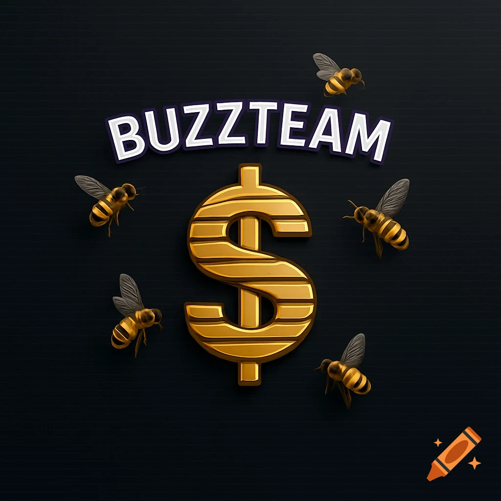Golden dollar sign shaped like a hive, with 'BUZZTEAM' text above and bees flying around, on a dark background.
