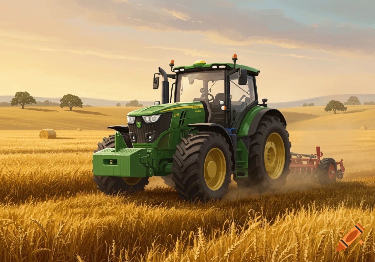 A green John Deere tractor with a plow works a golden wheat field under a warm, cloudy sky, with hay bales in the distance.
