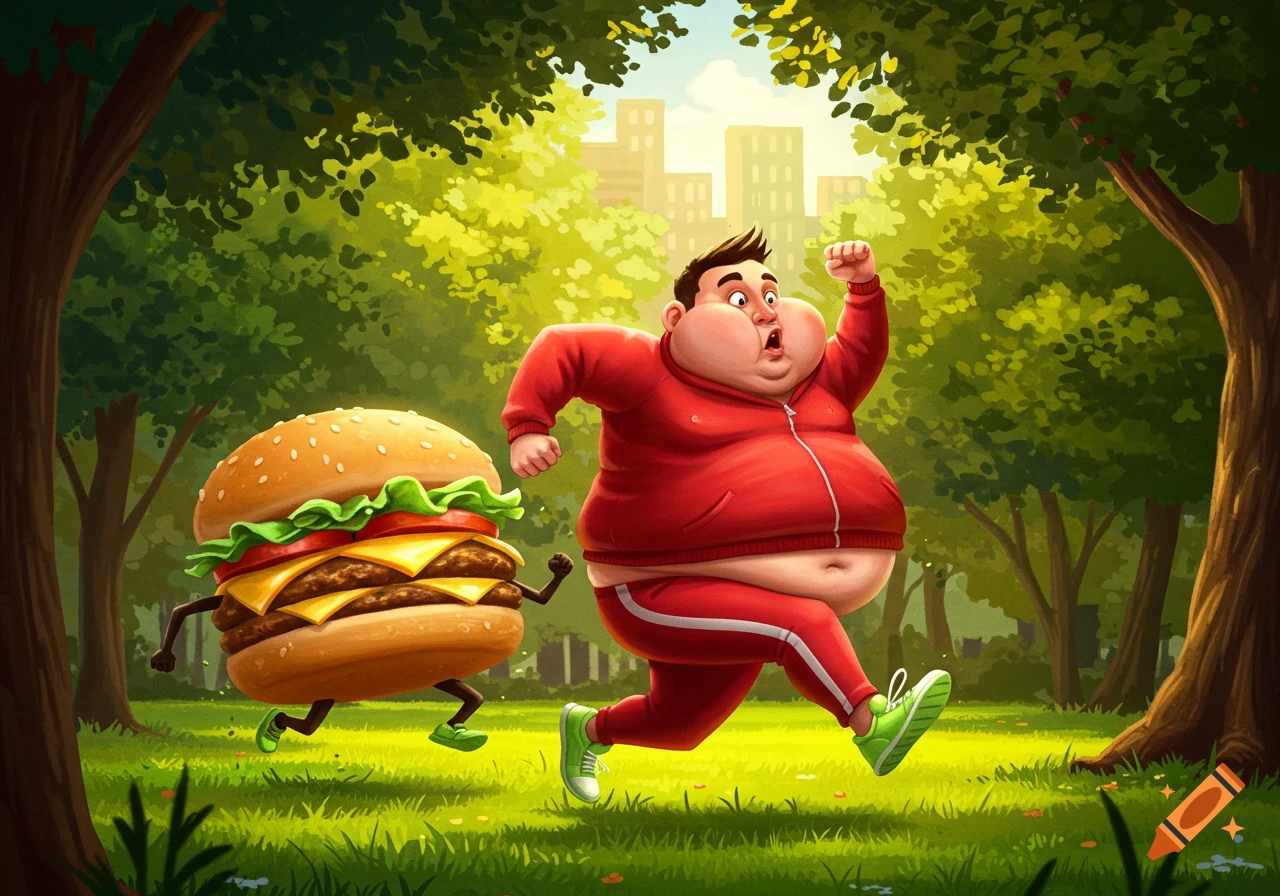 A cartoon man in a red tracksuit runs from a giant, bipedal hamburger in a green park with a city in the background.