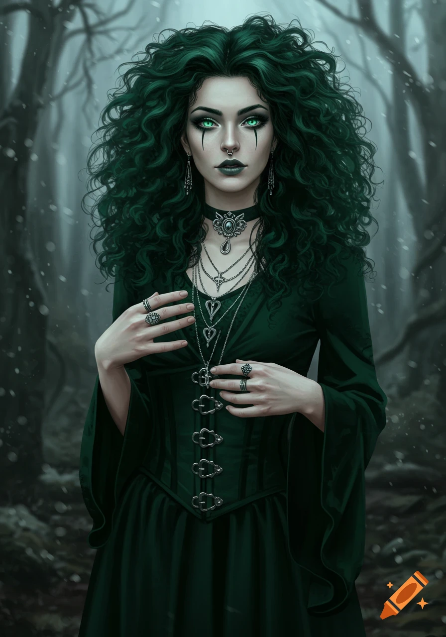 A goth woman with green curly hair and glowing green eyes wears a dark green dress and silver jewelry in a snowy forest.