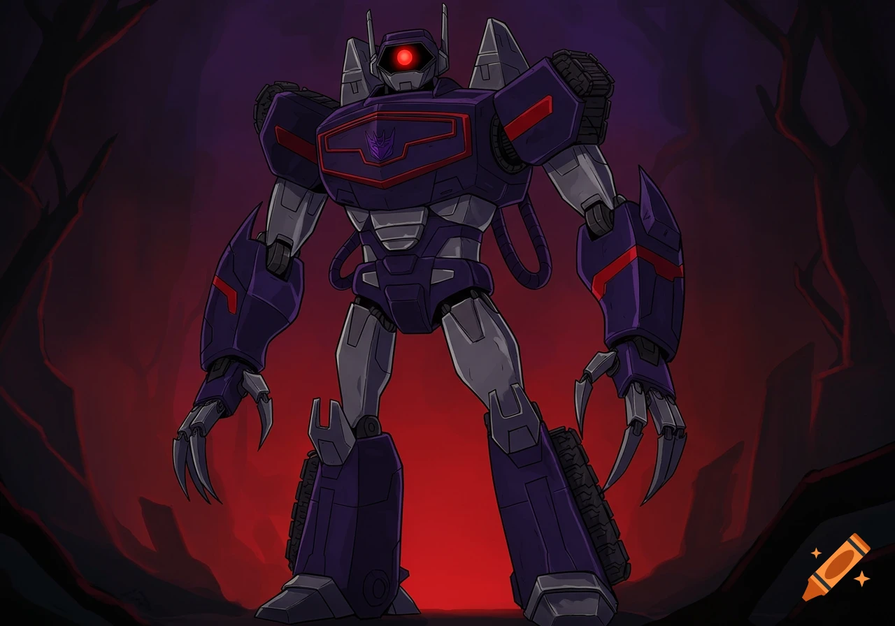 A purple and grey robot, Shockwave, with a single red eye, claw hands, and tank treads, stands menacingly against a dark red background in an animated style.