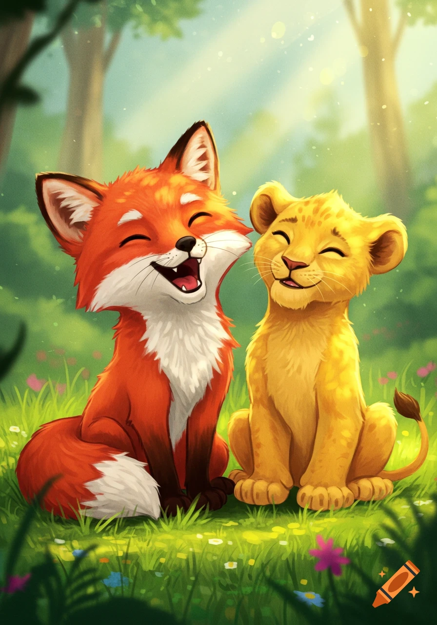 A cute cartoon red fox with a white chest laughs alongside a smiling yellow lion cub in a vibrant green forest.