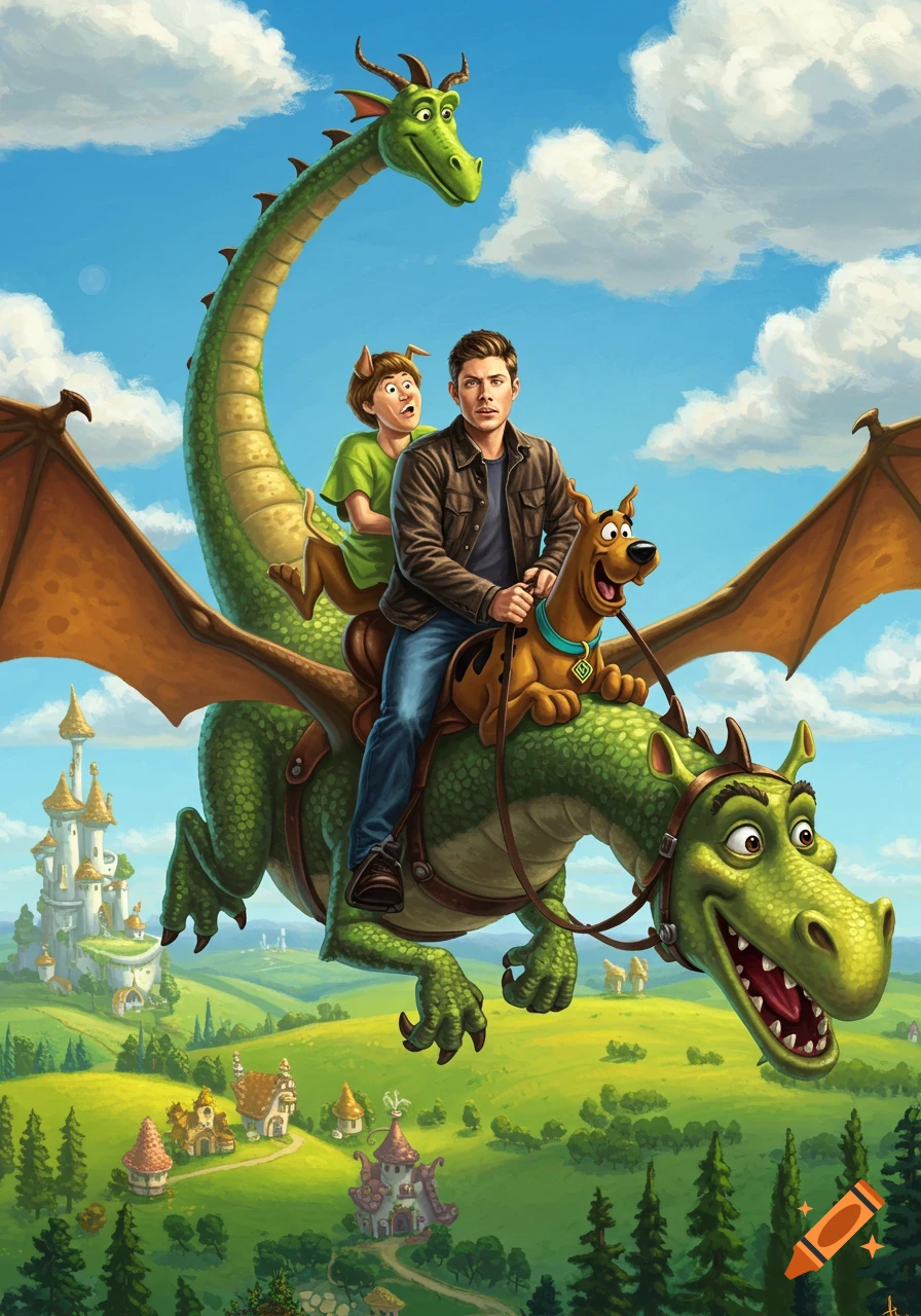 Dean Winchester and Scooby Doo ride a green dragon over a whimsical fantasy landscape with castles and houses.