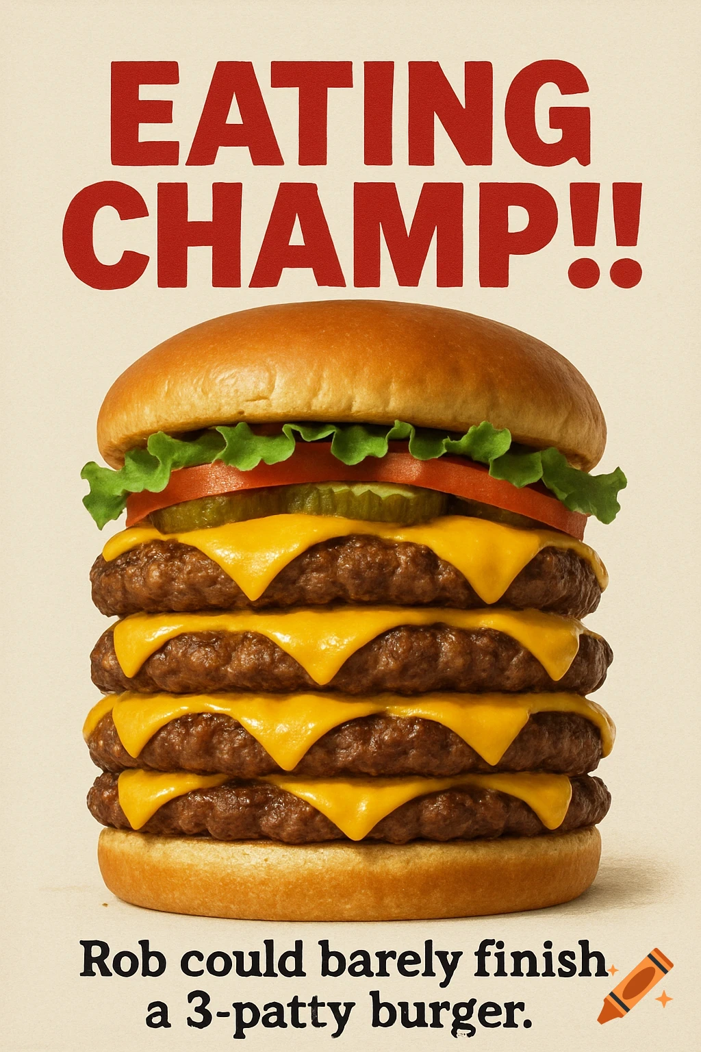Photorealistic image of a tall, multi-patty cheeseburger. Text reads 'EATING CHAMP!!' and 'Rob could barely finish a 3-patty burger.'