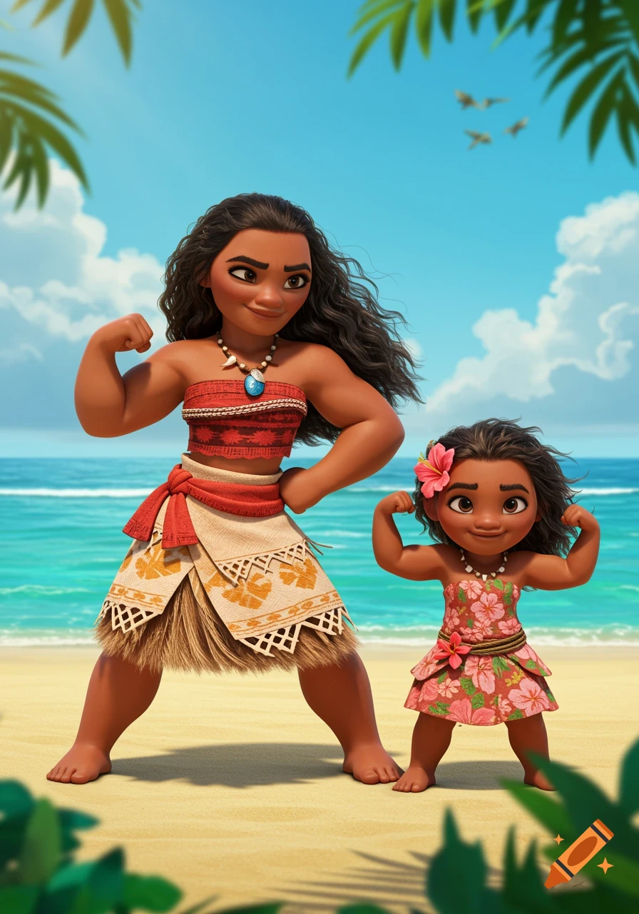 3D cartoon of Moana and a younger girl flexing muscles on a sunny beach.
