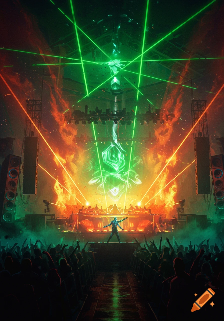 Vibrant futuristic concert stage with a performer, green and orange lasers, and pyrotechnics over a cheering crowd.