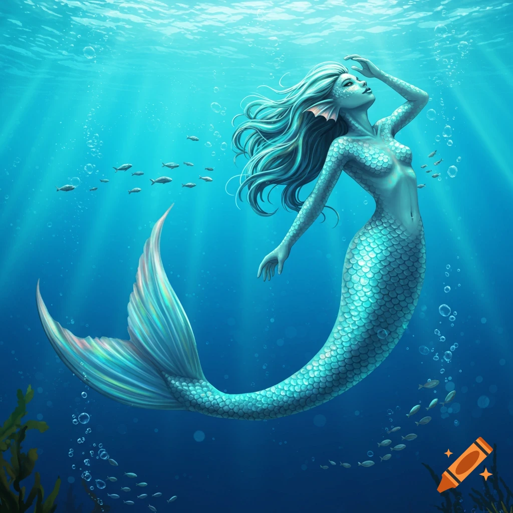 A stylized turquoise mermaid with long flowing hair gracefully swims underwater, light rays piercing the blue water.