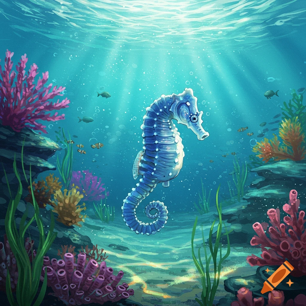 A vibrant illustration of a blue seahorse swimming in a coral reef with colorful fish and sunlight streaming from above.