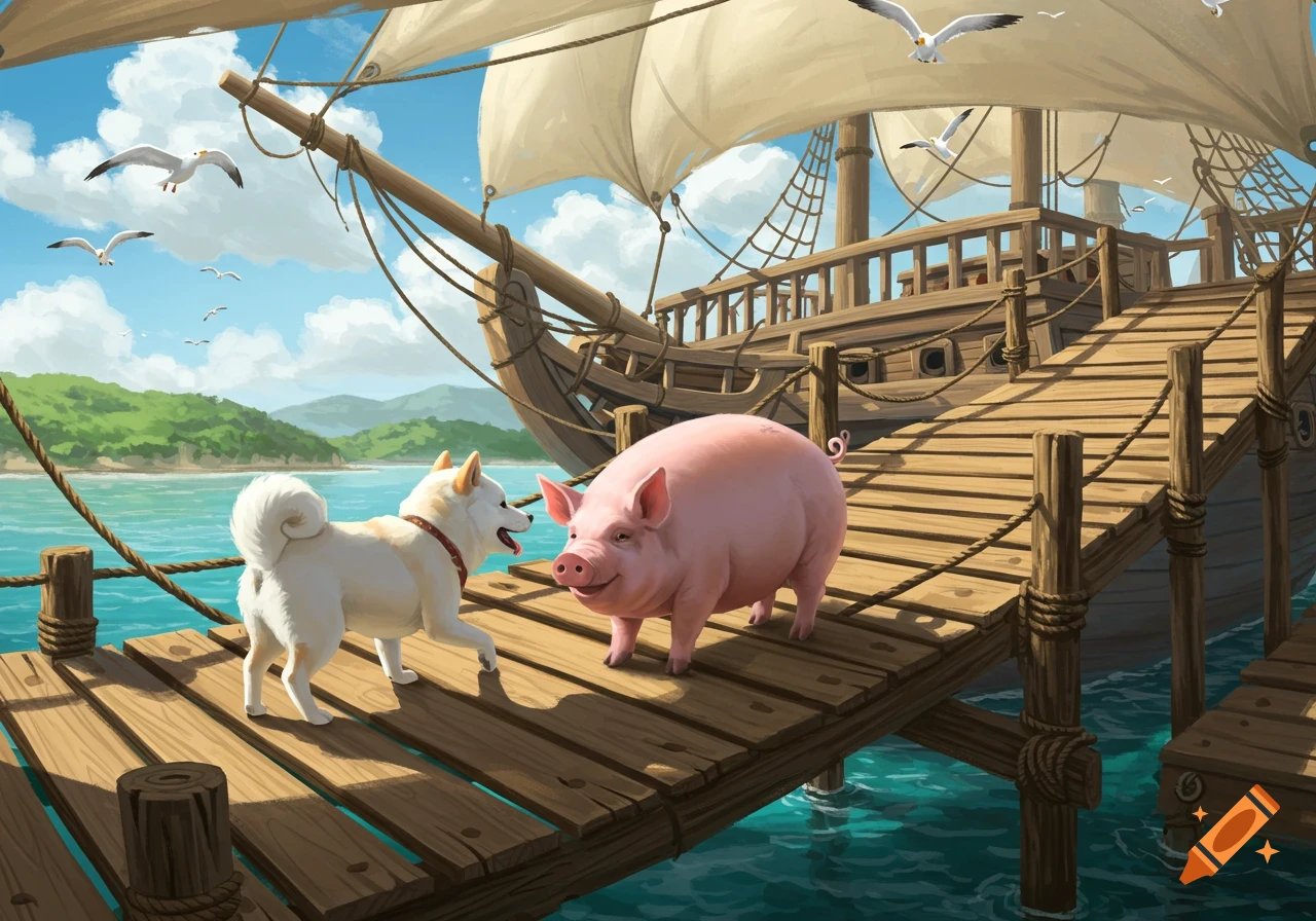 A white Shiba Inu and a pink pig walk on a wooden dock towards a large sailing ship in a vibrant digital illustration.