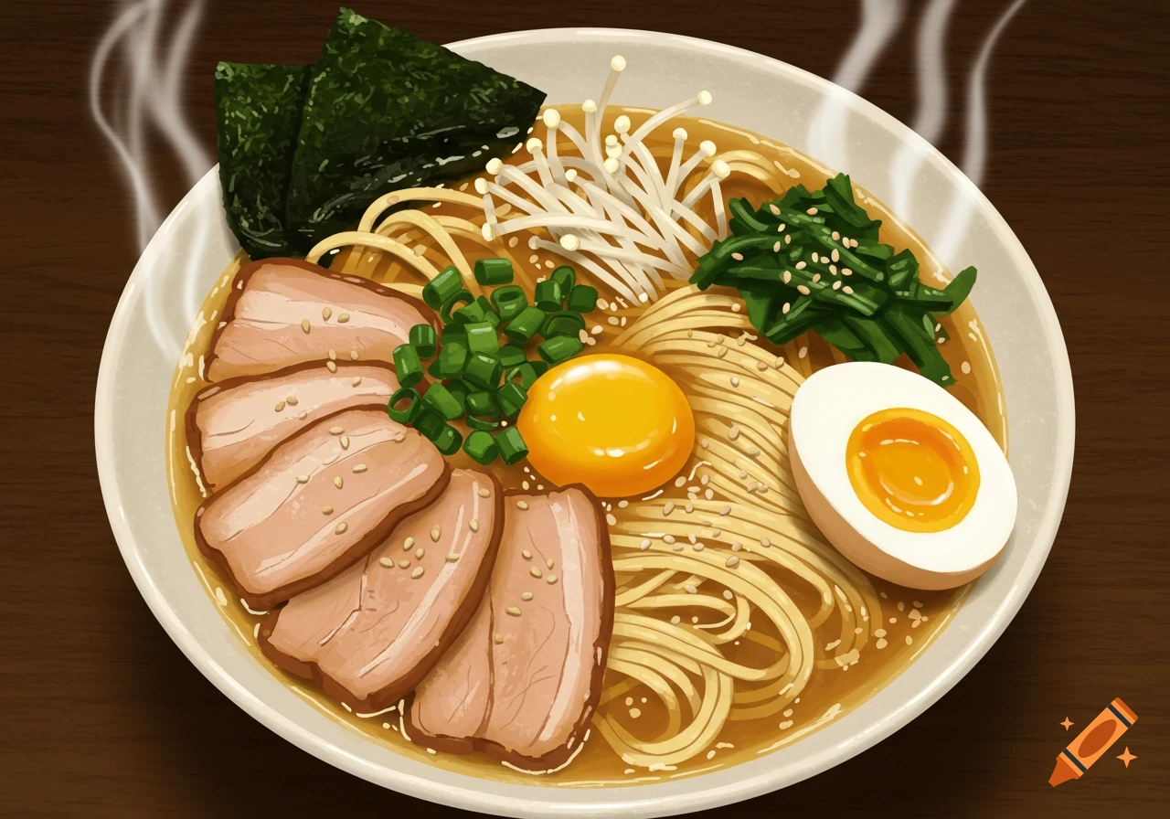An illustration of a steaming bowl of ramen with noodles, sliced pork, eggs, green onions, seaweed, and mushrooms.