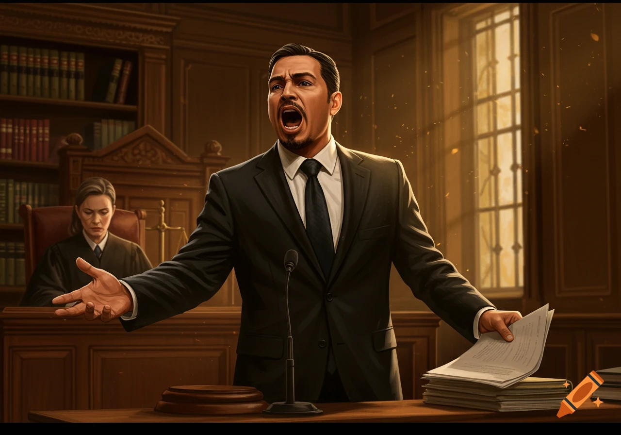 A passionate male attorney with his mouth open in mid-speech, gesturing with hands, in a dramatic, photorealistic courtroom.