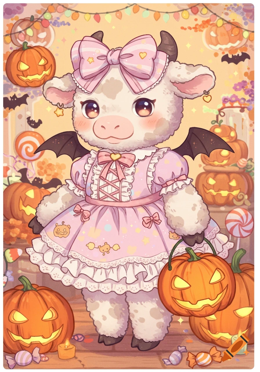 Adorable illustration of a fluffy cow in a pink Halloween dress with bat wings, holding a jack-o'-lantern, surrounded by pumpkins and candy.
