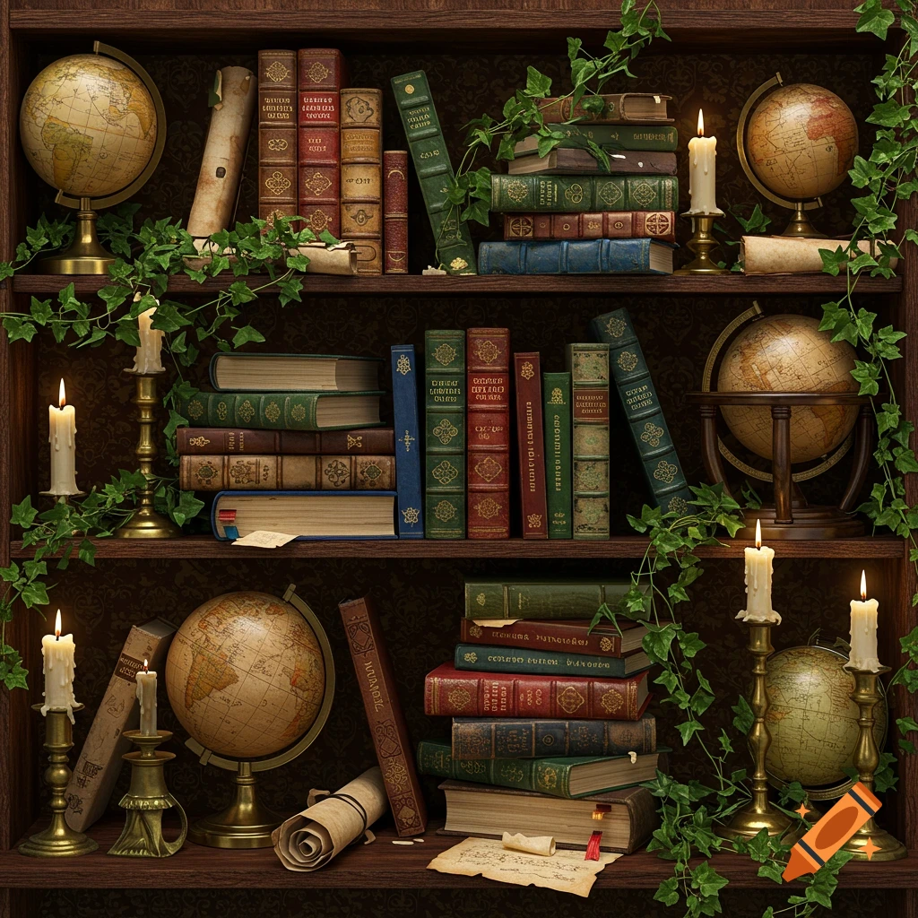 An overflowing library shelf crammed with leather-bound books, globes, candlesticks, and trailing ivy, against a patterned background.