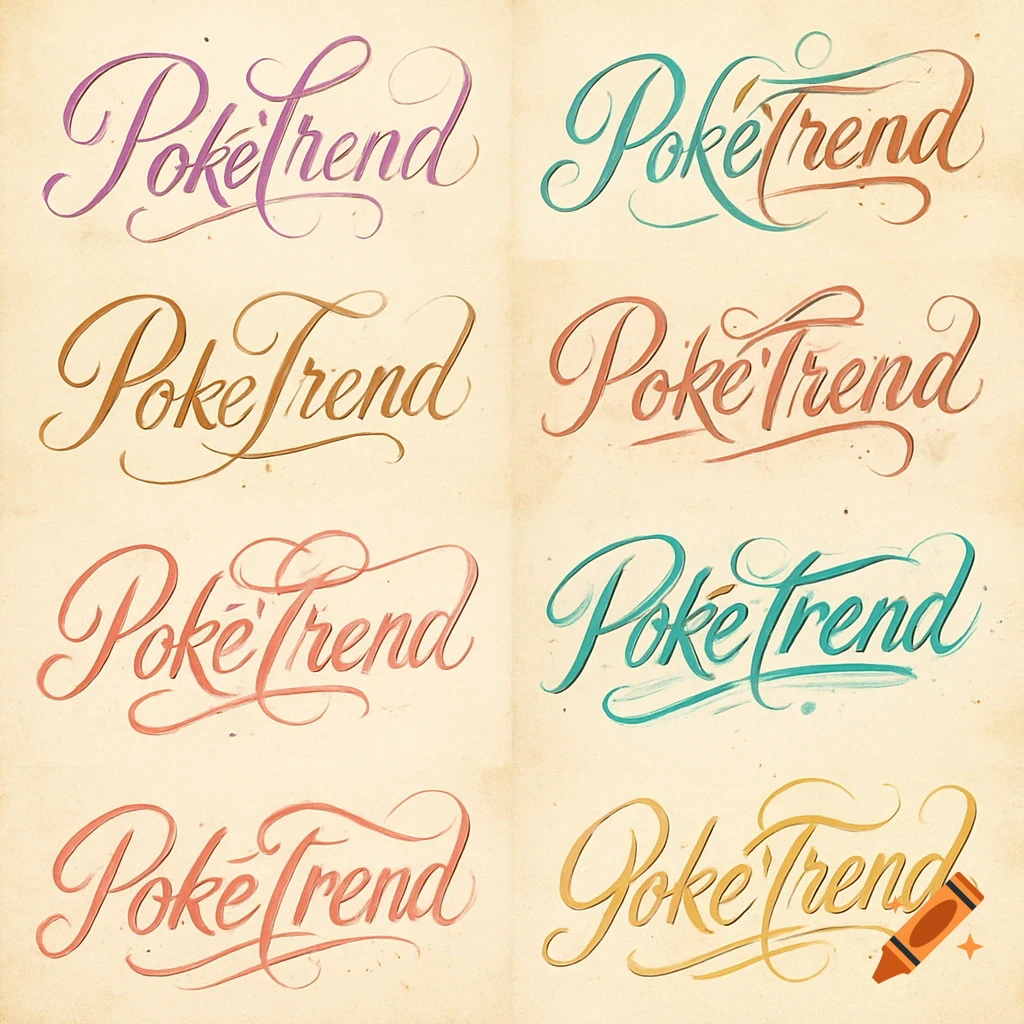 Eight different colorful cursive calligraphy styles of the word "PokéTrend" on a vintage paper background.