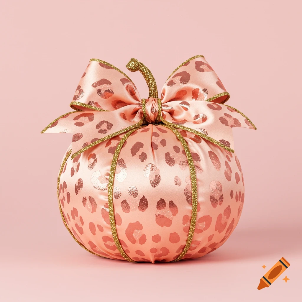 A chic decorative pumpkin in peach and rose-gold leopard print satin, with gold glitter and a large matching bow, on a pink background.