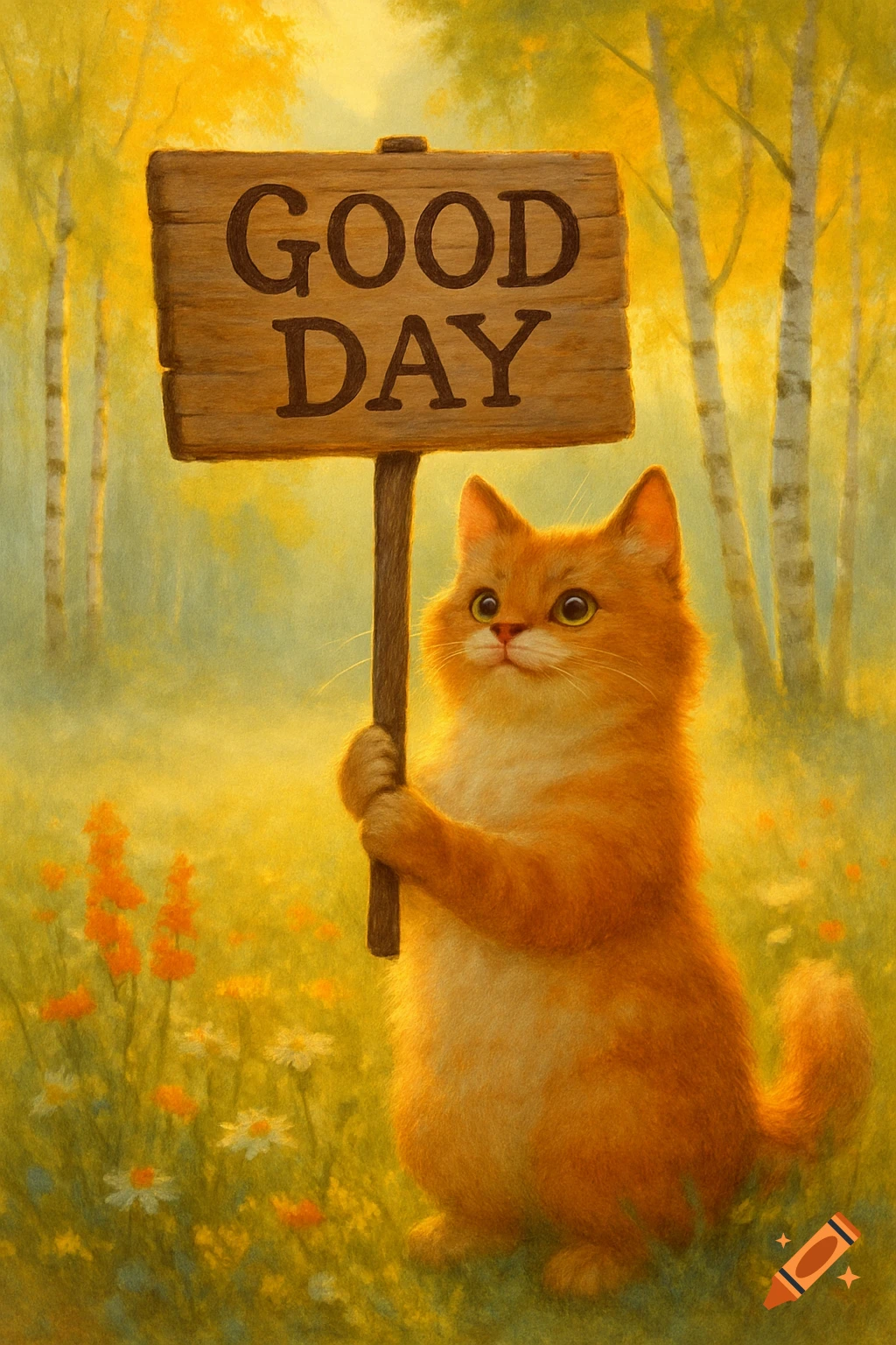 A fluffy orange cat holds a wooden 'GOOD DAY' sign in a sunlit, stylized forest.
