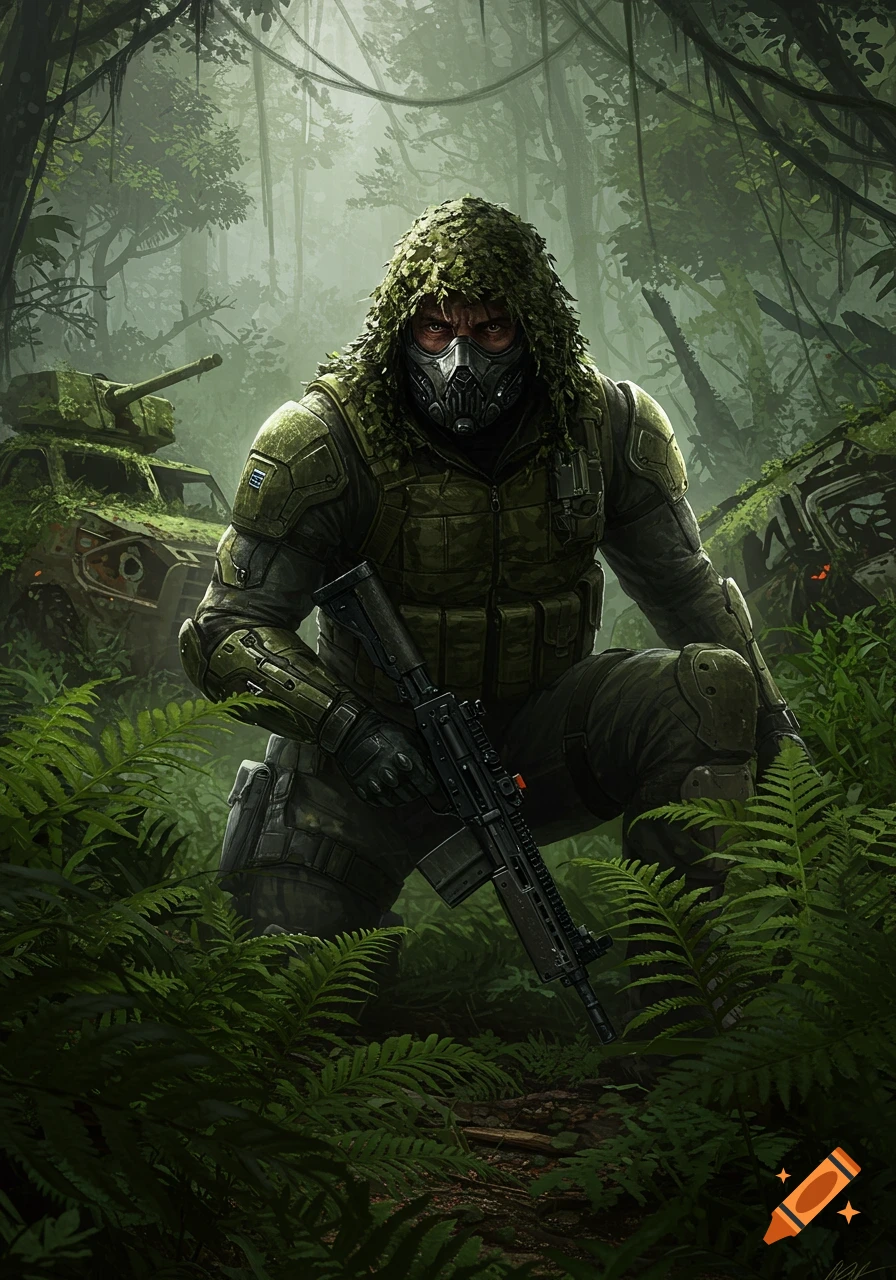 A masked soldier in a ghillie suit crouches with a rifle in a dense, misty jungle with derelict military vehicles.