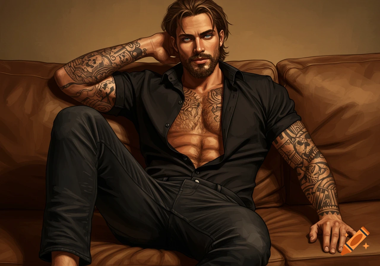 Digital illustration of a handsome, muscular man with tattoos on his chest and arms, wearing an unbuttoned black shirt, sitting on a couch.