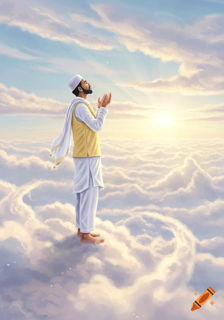 Illustrative Muslim man in white and gold attire, standing barefoot on clouds, praying with raised hands towards a bright, cloudy sky.