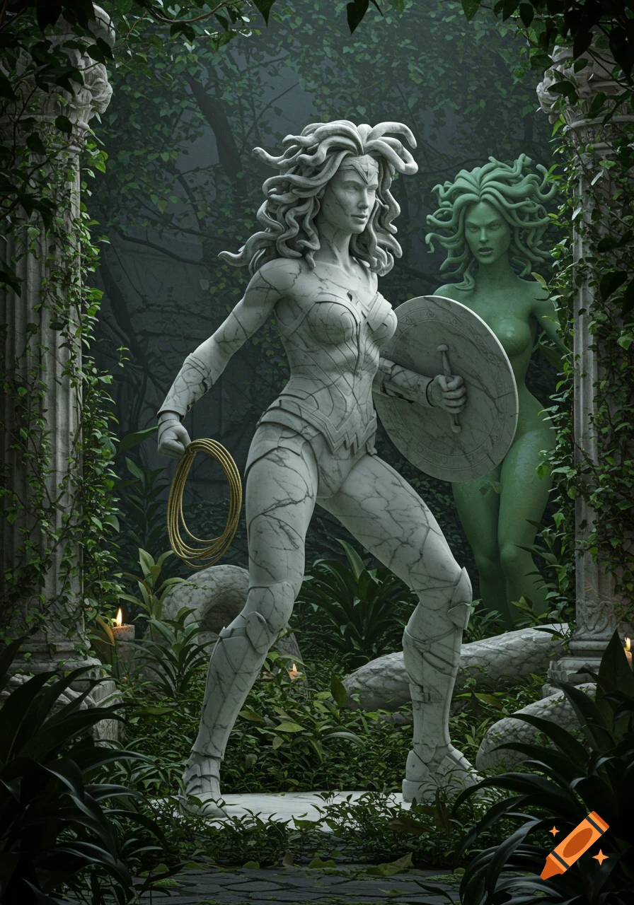 Photorealistic marble statue of Wonder Woman in an overgrown garden, with a green Medusa statue behind her.