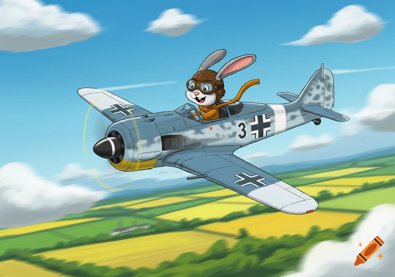 Cartoon grey bunny pilot in goggles and a brown helmet flies a Focke-Wulf 190 airplane over green and yellow fields under a blue sky.