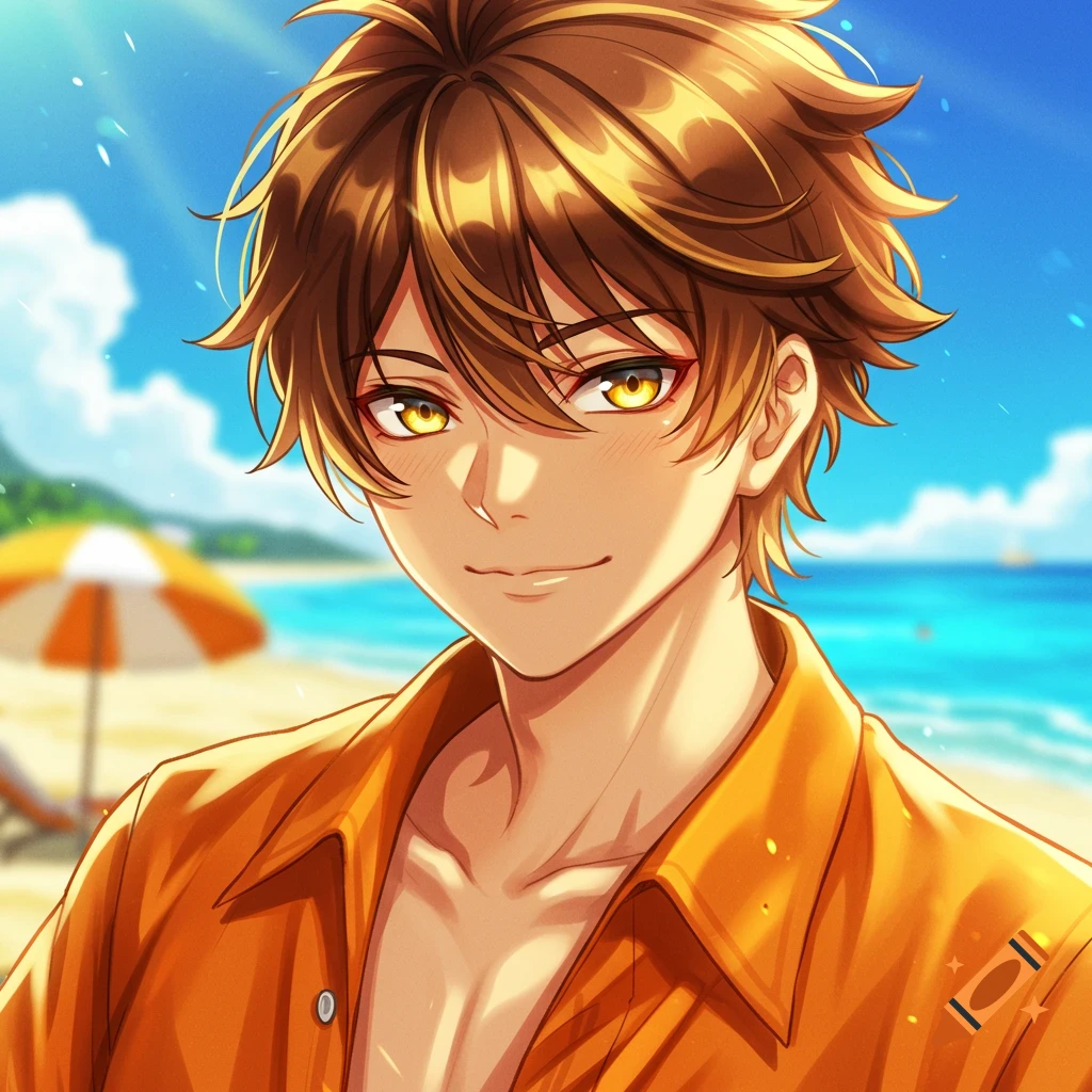 Smiling anime man with brown hair and gold eyes in an orange shirt at a sunny beach.