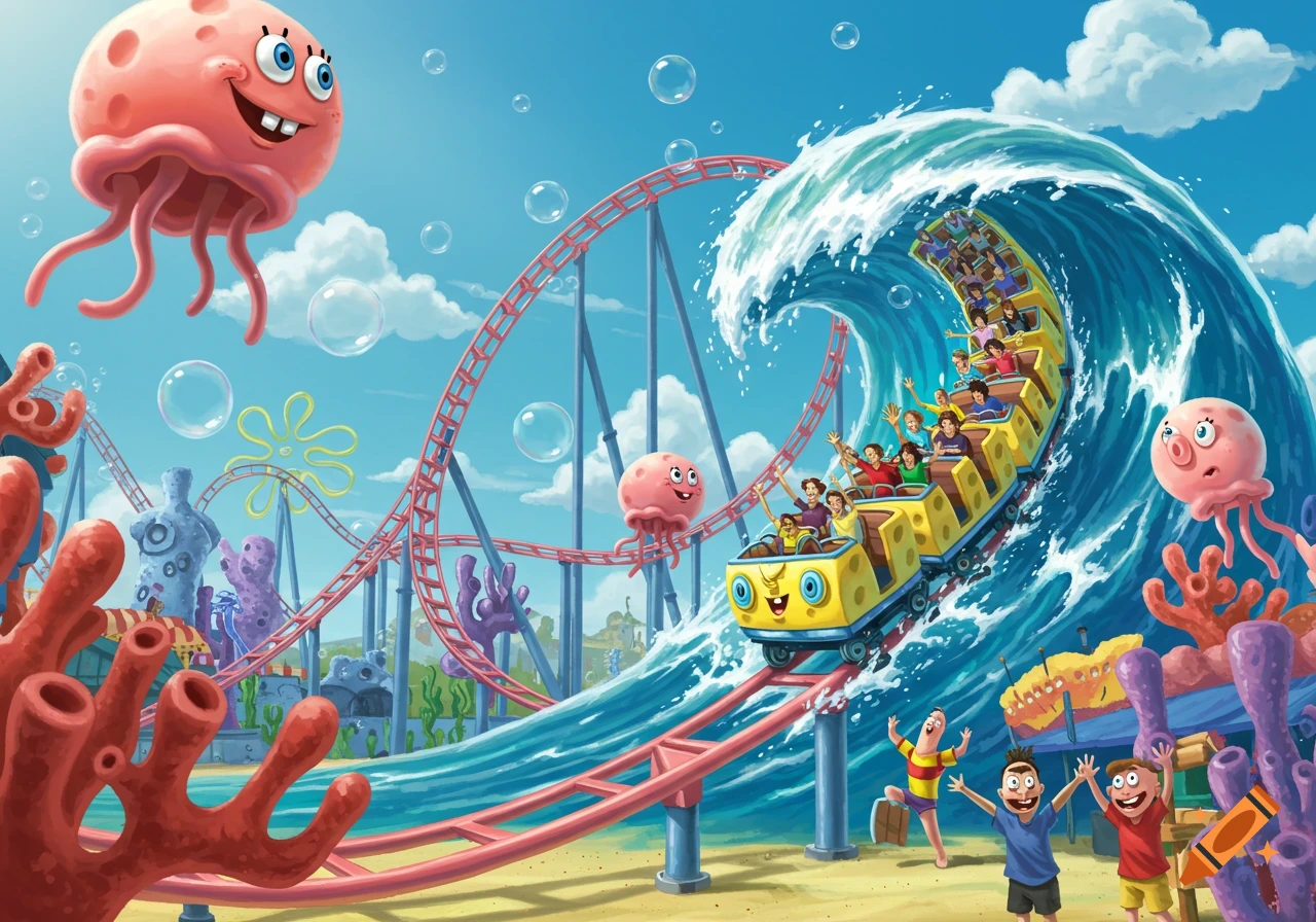 Vibrant cartoon of a Spongebob-themed roller coaster on a beach with a giant wave, riders, and smiling jellyfishes.