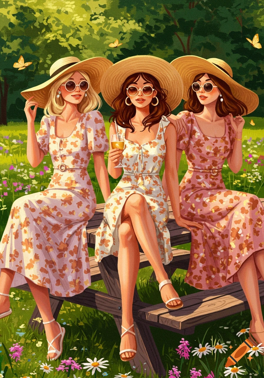 Three smiling women in summer dresses and straw hats sit on a bench in a sunny, flowery park, illustration style.