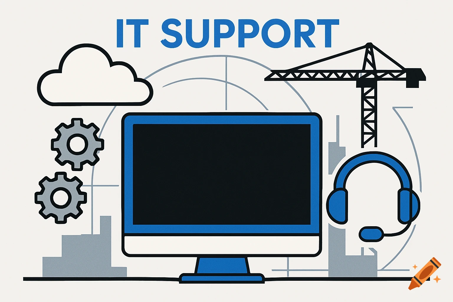 Vector illustration with 'IT SUPPORT' text, computer monitor, gears, cloud, crane, and headset on a light background.