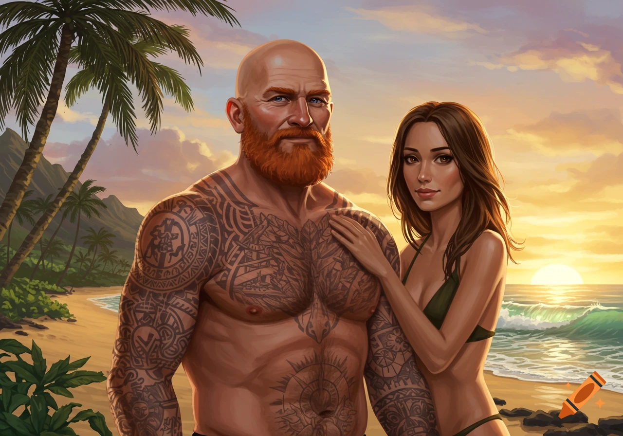 Bald man with red beard and tattoos and woman in bikini on a tropical beach at sunset, illustrative style.