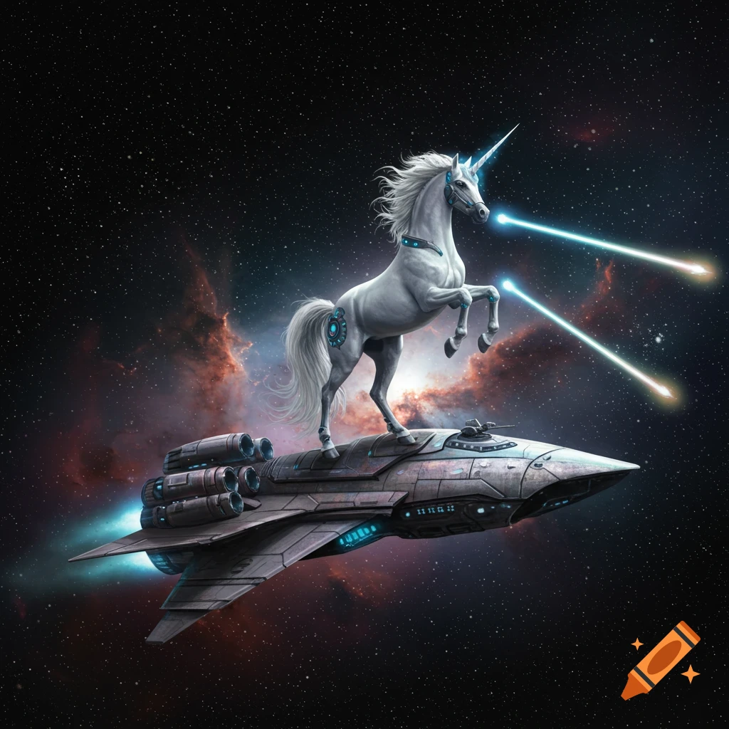 A majestic white unicorn with cybernetic details rides a futuristic spaceship through space, firing lasers from its hooves.