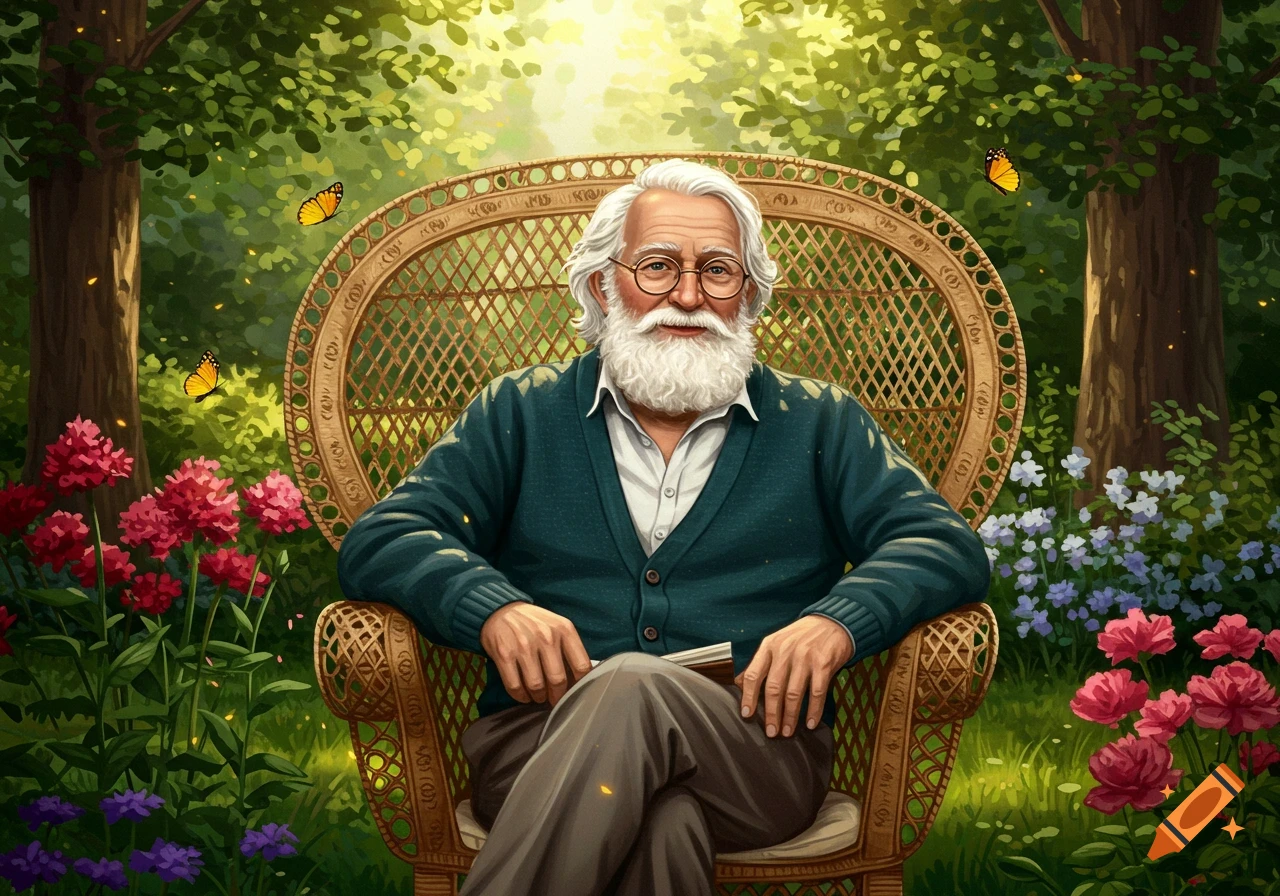 A smiling old man with a white beard and glasses sits in a wicker chair in a lush, sunlit garden with butterflies and colorful flowers, in an illustrative style.