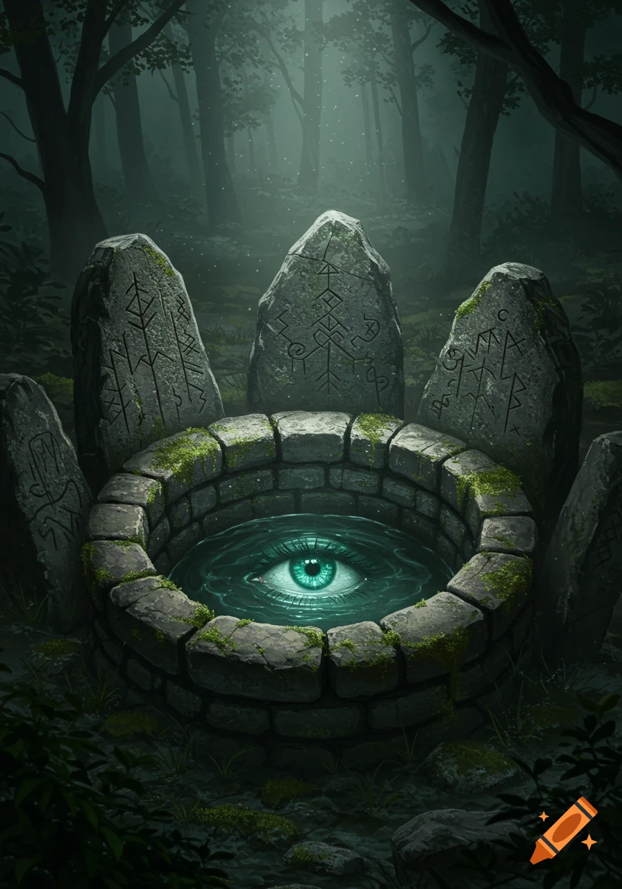 A vibrant green eye glows in a moss-covered stone well, surrounded by ancient runic stones in a dark, misty forest. Dark fantasy.