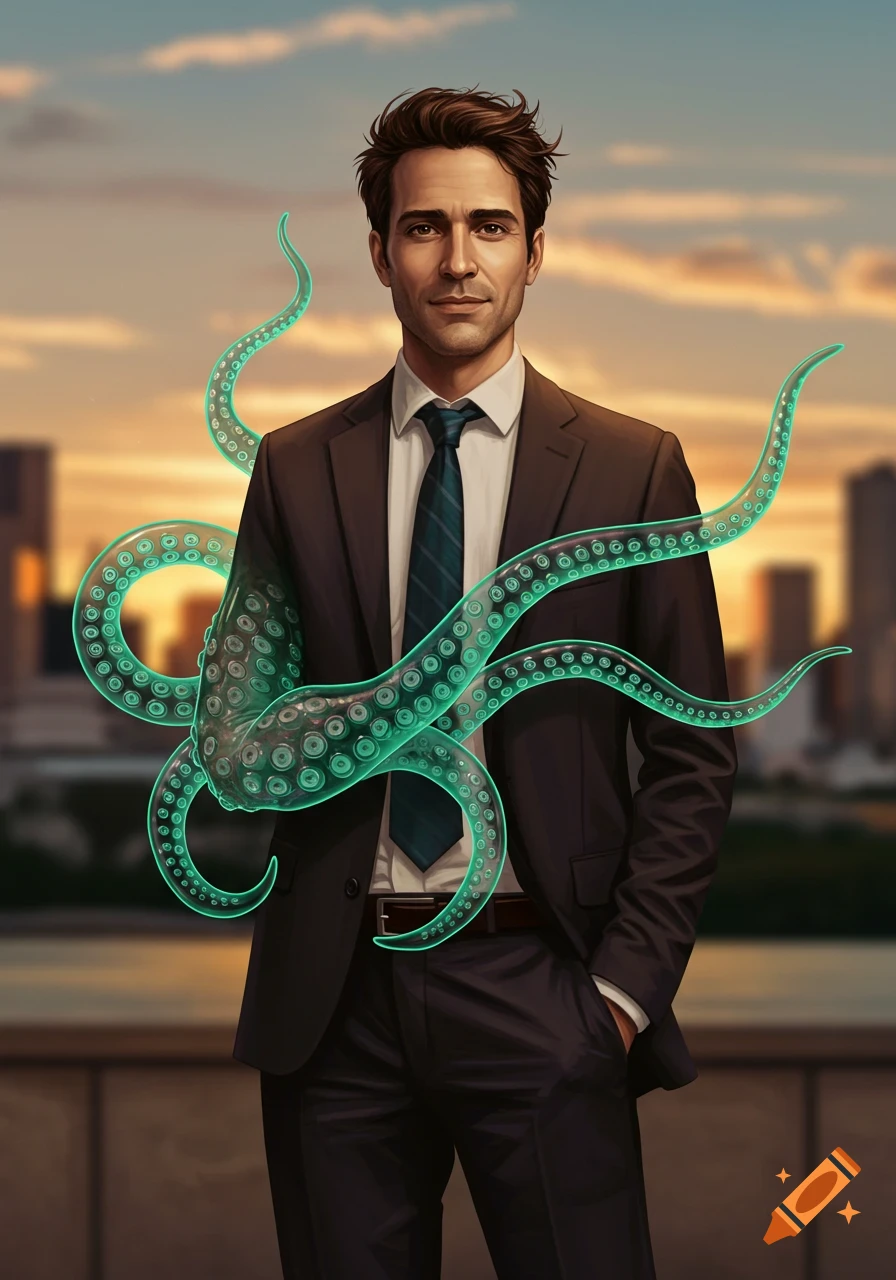 A man in a suit with a glowing green tentacle arm stands against a city sunset, digital art.